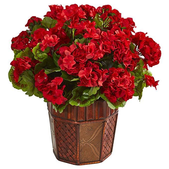 Nearly Natural Geranium Artificial Plant in Planter, Red
