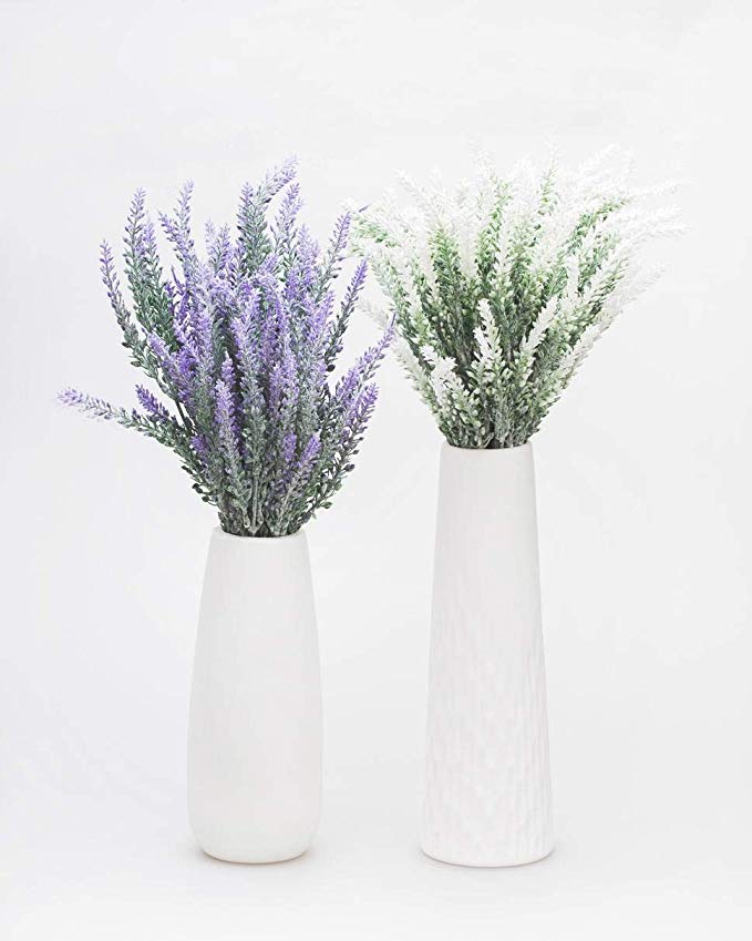 Artificial Lavender Flowers Bouquet with Special White Ceramic Vases for Home, Party & Wedding Décor – Set of 2