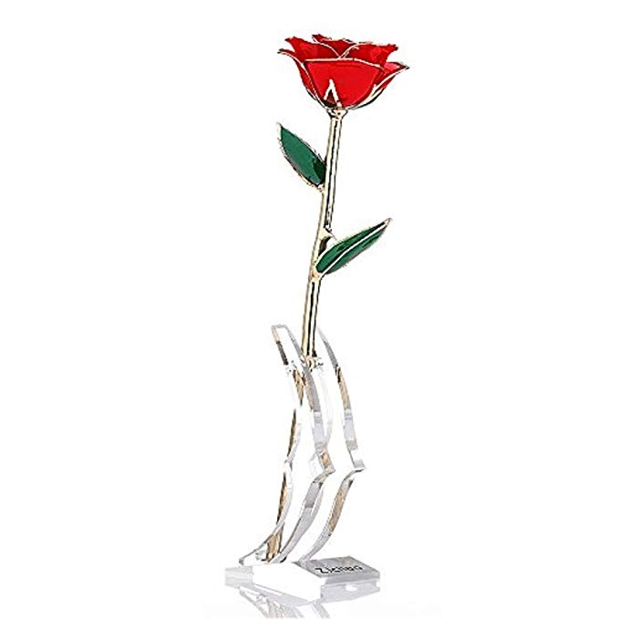 24K Gold Rose Flower, ICOCO Real Rose with Real Geen Leaf in Gift Box with Clear Display Stand Best Gift for All importants days