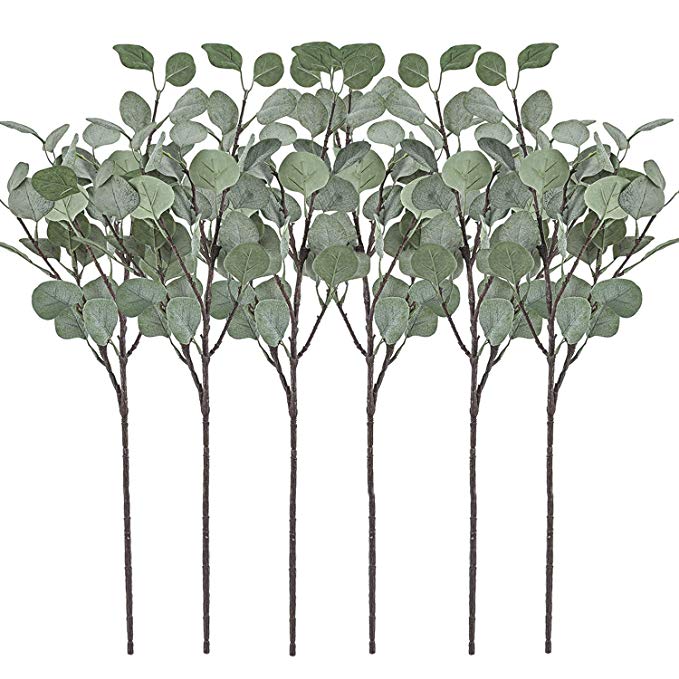 Artificial Greenery Stems 6 Pcs Straight Silver Dollar Eucalyptus Leaf Silk Greenery Bushes Plastic Plants Floral Greenery Stems for Home Party Wedding Decoration