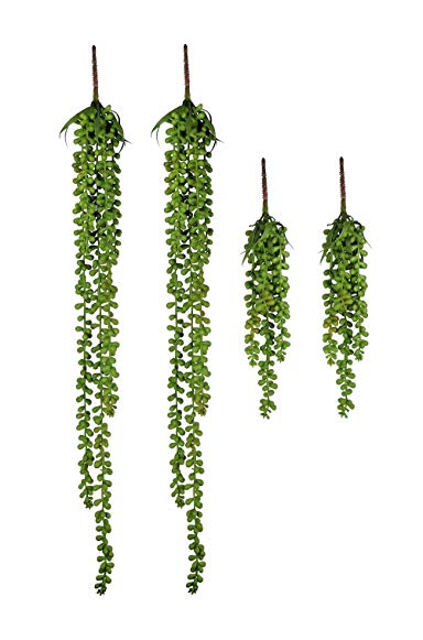 Zivisk 4 Pcs 2 Size Artificial Hanging Plants Fake Succulents String of Pearls - Hanging Basketplant Lover's Tears Succulent Branch - Perfect For Home Kitchen Office Garden Wedding Décor