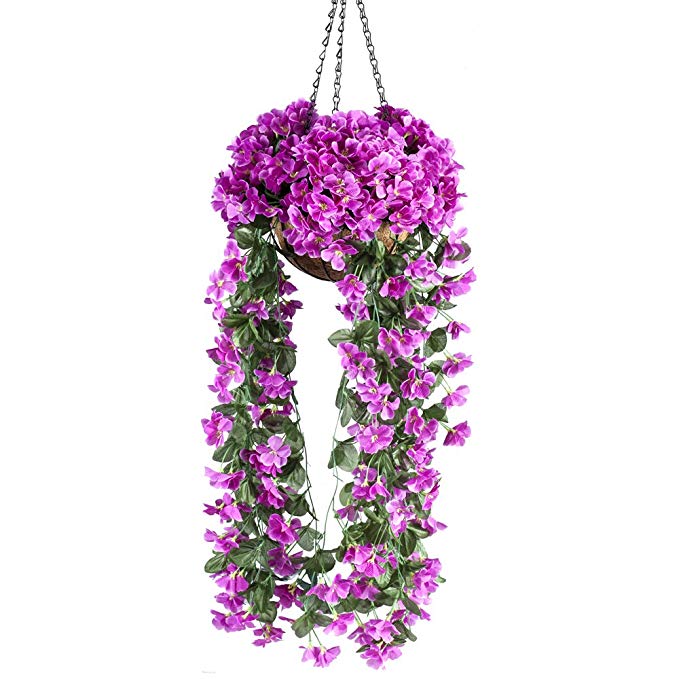 Mixiflor Hanging Flowers, Artificial Violet Flower Wall Wisteria Basket Hanging Garland Vine Flowers Fake Silk Orchid Simulation Rattan Plant Vine Wedding Home Garden Balcony Floral Decoration