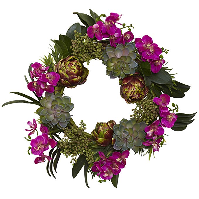 Nearly Natural 4989 Orchid Artichoke and Succulent Wreath, 20-Inch