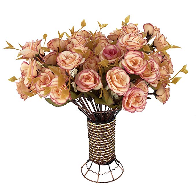 Garwarm 4 Branch 56 Heads Artificial Silk Fake Flowers Leaf Rose Wedding Home Office Floral Decor Bouquet with Iron Vase,(Lotus Color)