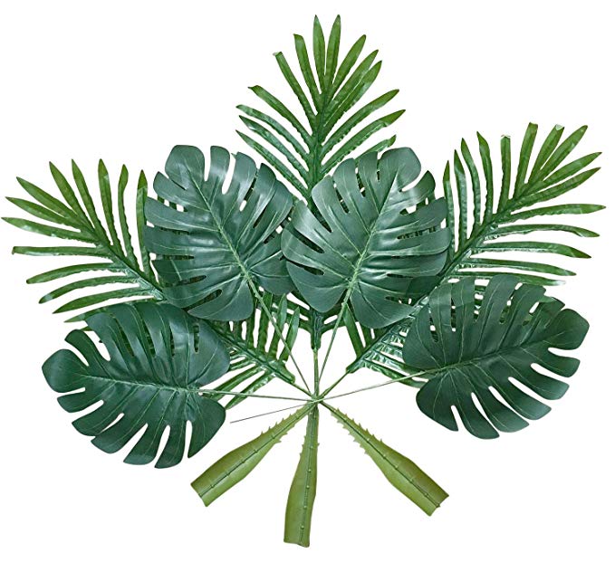 Artificial Palm Leaves with Stem and Tropical Philodendron Monstera Fronds Party Decorations Faux Palm Tree Plant Leaf Fake Imitation Ferns Branches Home Kitchen Plastic Decor 20 Pieces AF49