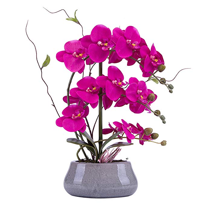 Lifelike Large Flower Arrangement with Decorative Vase Full Artificial Orchid Plant with Real Looking Table Centerpiece(Gray-vase, Purple Red)