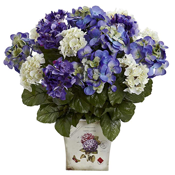 Nearly Natural 1378-BP Mixed Hydrangea with Floral Planter, Blue/Purple